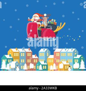 Babbo Natale e renne rosso di equitazione scooter vintage con grandi corna di cervo di notte carring presente casella sacchi volando sopra la città di inverno con colorati buildi Illustrazione Vettoriale