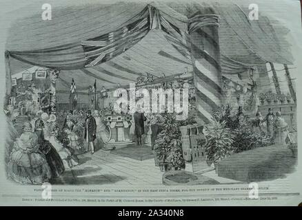 Fancy bazaar a bordo del monarca e Agamennone in East India Docks, per il beneficio del marinaio mercantile dell'asilo,. Foto Stock