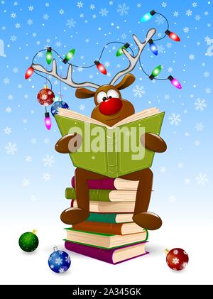 Cartoon deer legge un libro per Natale. Un cervo con un libro e con decorazioni di Natale su un sfondo d'inverno. Un cervo è seduta su una pila di boo Illustrazione Vettoriale