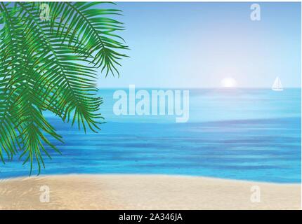 Il mare e le palme e la spiaggia tropicale sotto il cielo blu. Illustrazione Vettoriale Illustrazione Vettoriale