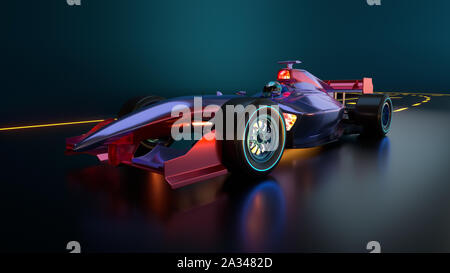 Race Car accelerando lungo l'autostrada. Vettura da gara con nessun nome di marca è progettato e modellato da me. 3D illustrazione Foto Stock