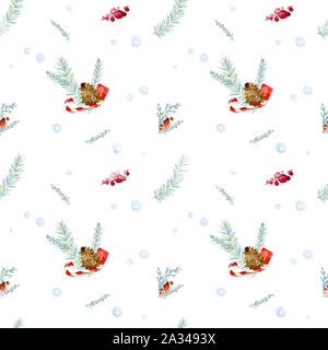 Natale inverno seamless pattern decorativa con un mazzo di rami di abete, di un cono, una caramella e un dono, un ramoscello con bacche rosse, neve. carta di avvolgimento Foto Stock