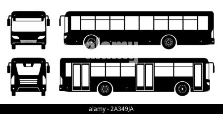 Autobus di città silhouette su sfondo bianco. Icone del veicolo imposta vista dal lato, anteriore e posteriore Illustrazione Vettoriale