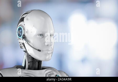 Chat bot concetto con 3D rendering robot umanoide con cuffia Foto Stock