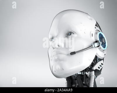 Chat bot concetto con 3D rendering robot umanoide con cuffia Foto Stock