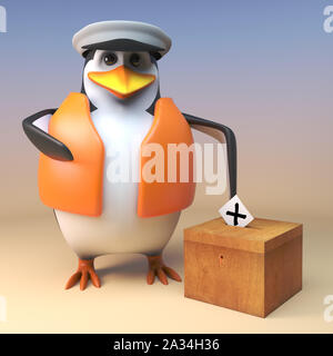 3D fumetto penguin sailor capitano nel giubbotto di salvataggio mette il suo voto elettorale in urne, 3D render illustrazione Foto Stock