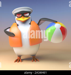 Cartoon 3d penguin sailor capitano nel giubbotto di salvataggio a giocare con una palla spiaggia, 3D render illustrazione Foto Stock