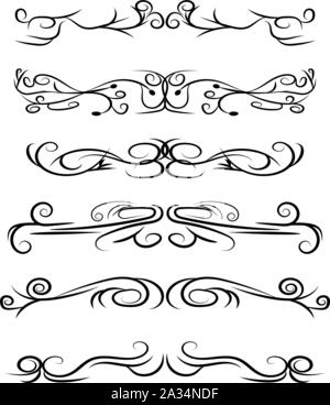 Disegnato a mano i divisori del vettore. Decorativo linee volute, frontiere e curl set. Calligrafica elementi di design. Illustrazione Vettoriale