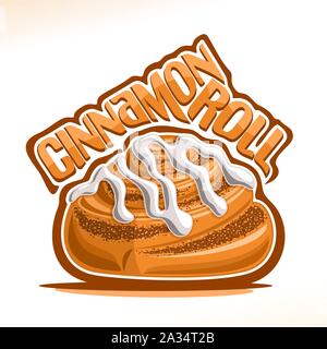 Il logo del vettore per il danese Cinnamon Roll, illustrazione di cinnabon dolci di pasticceria menu, poster con mini bun a forma di lumaca e carattere originale per Illustrazione Vettoriale