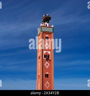 Il vecchio tradizionale minareto in terracotta con cicogne nidificano sul top e uomo arabo pittura ornamento dalla finestra. Il Marocco, deserto Foto Stock
