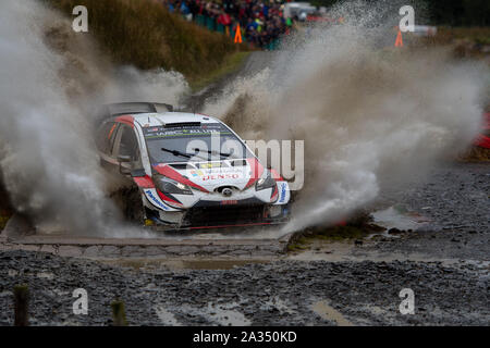 Hafren, UK. 05 ott 2019.SS13 dolce agnellino Hafren, Rally Galles GB 2019 Stadio 13: Ott Tanak & Co pilota Martin JERVEOJA competere nel Toyota Yaris WRC per Toyota Gazoo Racing WRT lascia l'acqua splash a dolce agnellino Credito: Gareth Dalley/news immagini Foto Stock