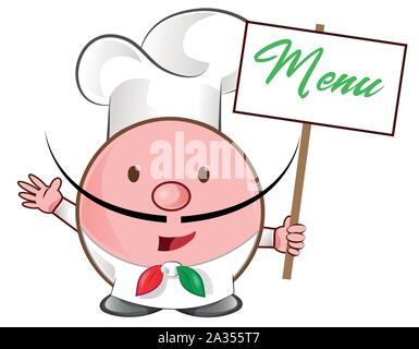 Pizza Chef mascotte con menu cartello Illustrazione Vettoriale