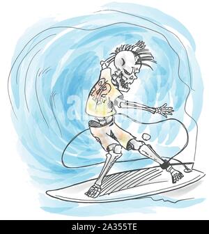 Acquerello surfer scheletro disegnati a mano su wave. illustrazione Illustrazione Vettoriale