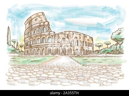 Roma Colosseo disegnati a mano acquerello Illustrazione Vettoriale