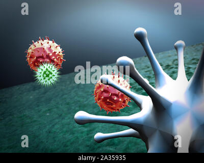 Macrofago uccide i virus, rendering 3d e macrofago virus, dentro il corpo umano, medico uno sfondo video, virus nel corpo umano Foto Stock