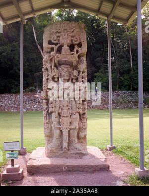 Stele Maya presso Copan rovine, Copan, Honduras Foto Stock