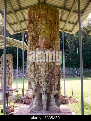 Stele Maya presso Copan rovine, Copan, Honduras Foto Stock