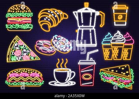 Neon retrò burger, cola, croissant, caffè e fast food segno su un muro di mattoni dello sfondo. Design per cafe, il ristorante vettore. Neon design per pub o fast food business. Insegna luminosa banner. Tubo di vetro Illustrazione Vettoriale