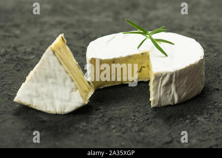 Formaggio Camembert con un rametto di rosmarino ea sfondo nero. Foto Stock