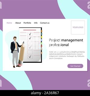 Project management professional landing page. Imprenditore con grande matita ed elenco attività. Vector fiducioso guy progettando la sua illustrazione di lavoro Illustrazione Vettoriale