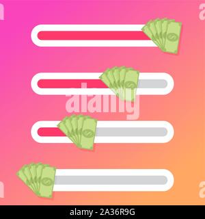 Interfaccia pulsante cursore con ventola di denaro contante, bill nota verde. Quantità di vettore indicatore dei salari per usare l'interfaccia illustrazione. Messaggio interruttore in social ne Illustrazione Vettoriale