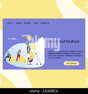 La revisione e il feedback landing page homepage modello. Sito web con classifica e risultato votazione, rivedere stars quality illustrazione vettore Illustrazione Vettoriale