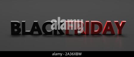 Venerdì nero concetto. Venerdì nero il testo lettere di colore rosso e nero su sfondo nero, banner. 3d illustrazione Foto Stock