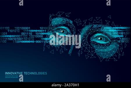 Flusso di codice Poly Face 3D del programmatore basso. Depressione ansia frustrazione emozione duro lavoro problema. Concetto di dipendenza Internet del computer del videogioco Illustrazione Vettoriale