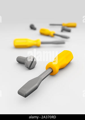3d illustrazione di cacciavite e viti isolato su sfondo sfocato. Gli interventi di riparazione e manutenzione del concetto. Foto Stock