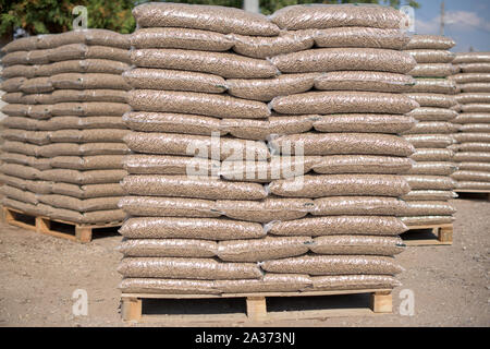 Pile di plastik sacchi pieni con pellet di legno disposte in righe e colonne su pallet Foto Stock