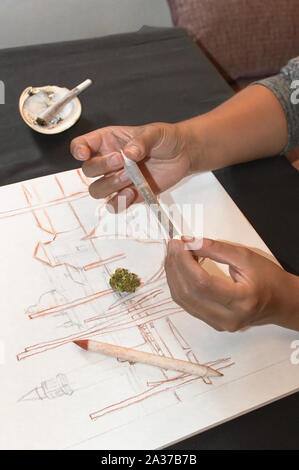 Artista laminazione di un giunto di marijuana durante una pausa dopo il disegno schizzi. Sfondo con la cannabis bud, matite e informale del guscio del posacenere. Foto Stock