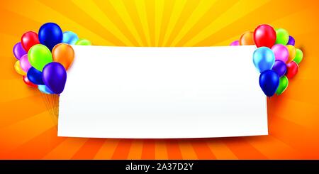 3D i grappoli e gruppi di colorata lucida e palloncini lordo battenti da gas elio con vuoto di carta bianca, per party, felice e celebrare la decorazione conc Illustrazione Vettoriale