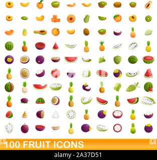 Frutta set di icone. Cartoon set di 100 frutti icone vettoriali per il web isolati su sfondo bianco Illustrazione Vettoriale