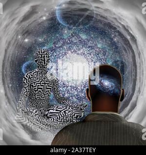 Galaxy Zen. Maze man in lotus pongono Foto Stock