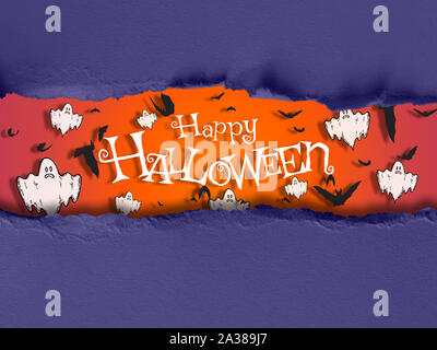 Happy Halloween sfondo con i pipistrelli, fantasmi e violetta carta strappata. Spazio per il testo, banner, poster, biglietto di auguri, invito alla festa. Foto Stock