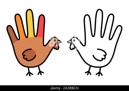 Semplice e carino a mano la Turchia stampa disegno per il giorno del Ringraziamento. Doodle colorato e la linea vuota tecnica di colorazione. Vettore isolato clip art illustrazione. Illustrazione Vettoriale