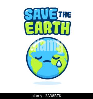 Salvare il pianeta, carino disegnato a mano attivismo eco poster. Cartoon terra disegno con lacrime. La Giornata della Terra di clip-art vettoriali illustrazione. Illustrazione Vettoriale
