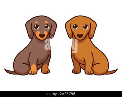 Due cartoon Dachshunds, nero e marrone. Coppia di cani seduta togerther. Simpatico cane disegno semplice illustrazione vettoriale. Illustrazione Vettoriale