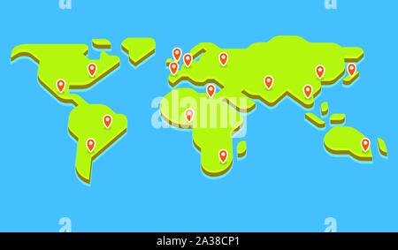 Stilizzata mappa del mondo con i perni sui principali capitali. Piatto semplice illustrazione vettoriale in 3D isometrica stile. Business e worldwide global communicatio Illustrazione Vettoriale