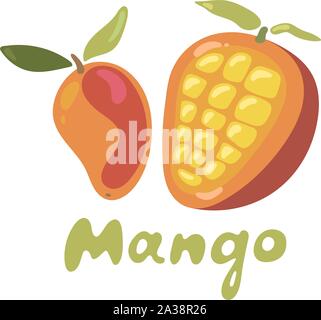 Vector mature giallo, arancione, rosso intero e fette di mango a cubetti con foglie isolati su sfondo bianco. Il logo di mango template vettoriale Illustrazione Vettoriale