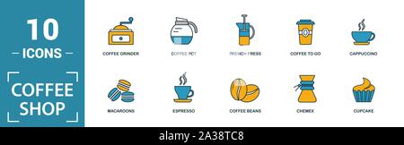 Coffe Shop icon set. Includere elementi creativi i chicchi di caffè, cappuccino, macchina del caffè, caffè per andare, caffè ghiacciato icone. Può essere utilizzato per il report Illustrazione Vettoriale