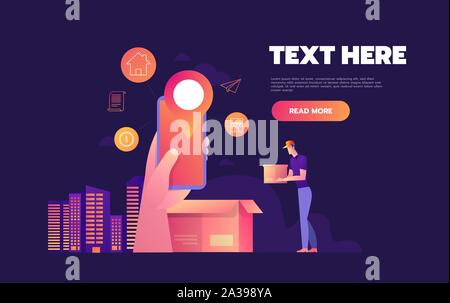 Shopping online su internet utilizzando lo smartphone mobile. Consegna rapida nozione illustrazione vettoriale in stile appartamento di design. Corriere pacchi dà al cliente. Illustrazione Vettoriale