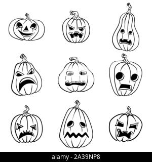 Set di zucche di Halloween, funny faces. Vacanze d'autunno. Illustrazione Vettoriale. Illustrazione Vettoriale