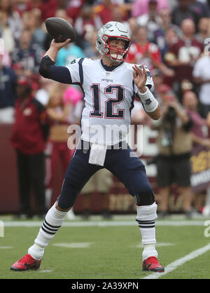 New England Patriots QB Tom Brady (12) in azione durante una partita contro Washington Redskins a FedEx in campo Landover, Maryland il 6 ottobre 2019. Foto/ Mike Buscher/Cal Sport Media Foto Stock