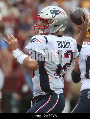 New England Patriots QB Tom Brady (12) in azione durante una partita contro Washington Redskins a FedEx in campo Landover, Maryland il 6 ottobre 2019. Foto/ Mike Buscher/Cal Sport Media Foto Stock