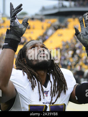 Pittsbugh, Stati Uniti. 06 ott 2019. Baltimore Ravens Josh Bynes celebra il lavoro straordinario 26-23 vincere contro Pittsburgh Steelers a Heinz Field di Pittsburgh lunedì 6 ottobre 2019. Foto di Archie Carpenter/UPI. Credito: UPI/Alamy Live News Foto Stock