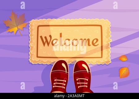 Benvenuto zerbino con foglie di giallo e rosso scarpe. Ciao autunno sfondo. Concetto orizzontale della scheda Messaggi di saluto e invito banner. Colore visita piatta illustrazione. Valutazione design poster del vettore. Illustrazione Vettoriale