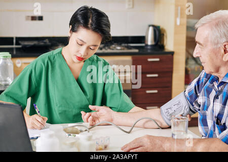Grave giovane infermiere asiatico la misura della pressione del sangue e il riempimento della scheda medica del paziente durante la visita di lui a casa Foto Stock