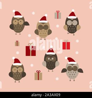 Set di Natale di graziosi gufi. Semplice disegnato uccelli di bosco in cappelli rossi con i fiocchi di neve e presenta isolato su sfondo rosa. Illustrazione Vettoriale. Illustrazione Vettoriale