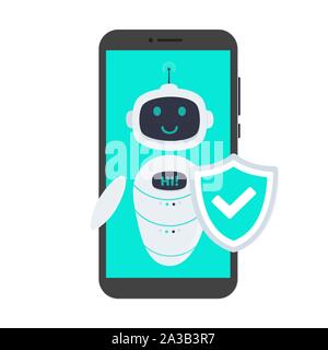 Robot icona chatbot segno stile piatto design illustrazione vettore isolato su sfondo bianco. Carino ai bot helper carattere mascotte concetto business assis Illustrazione Vettoriale